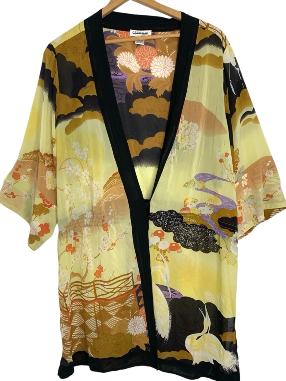 Yellow Floral Print Kimono Jacket with Black Trim